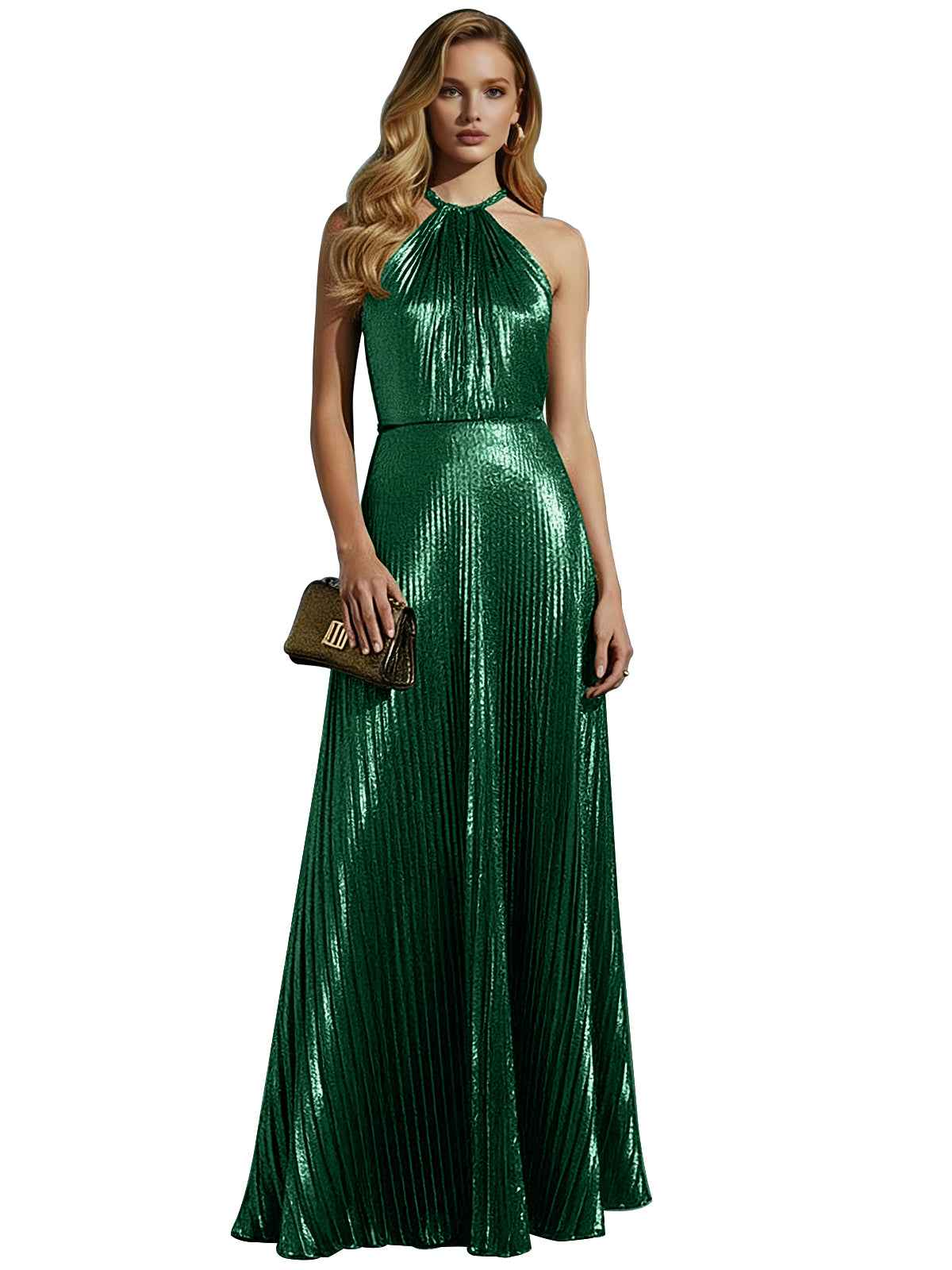 Luxurious Champagne-Gold Pleated Halter Long Prom Dress