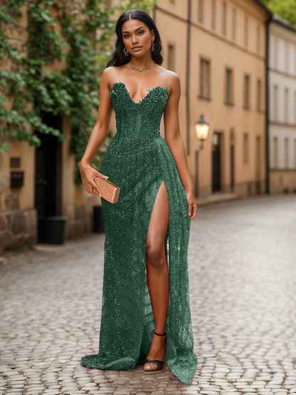 Red Strapless Beaded Fringe Waist Sequin Prom Dress with High Slit