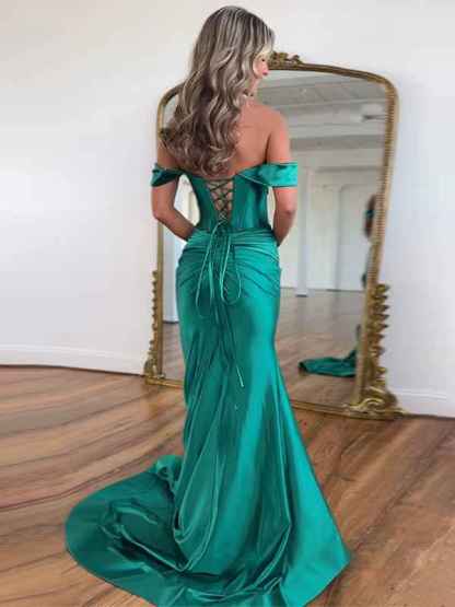 Red Mermaid Off the Shoulder Corset Long Prom Dress with Slit
