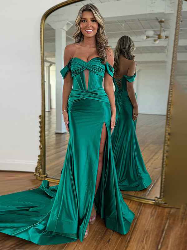 Red Mermaid Off the Shoulder Corset Long Prom Dress with Slit - BMBRIDAL