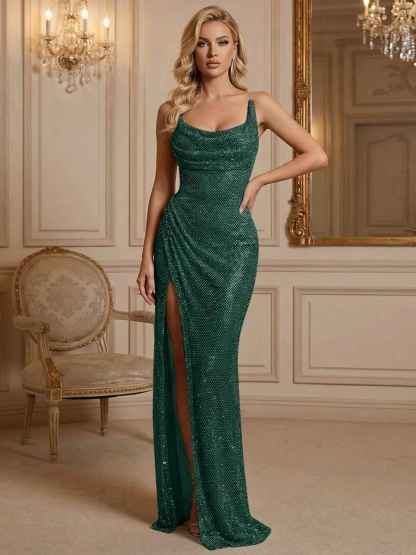 Silver Sequin Cowl Neck Ruched Long Prom Dress with High Slit