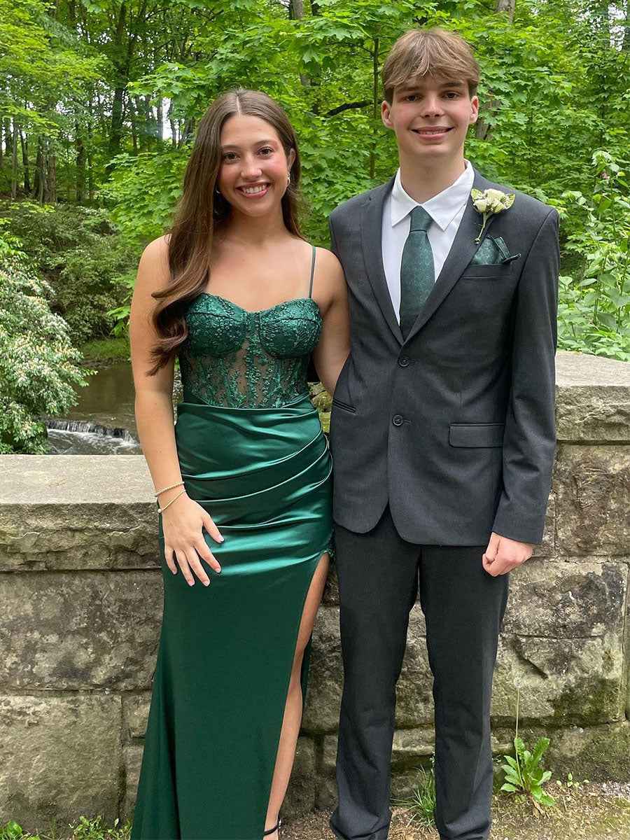 Emerald Green Lace Mermaid Long Prom Dress with Slit