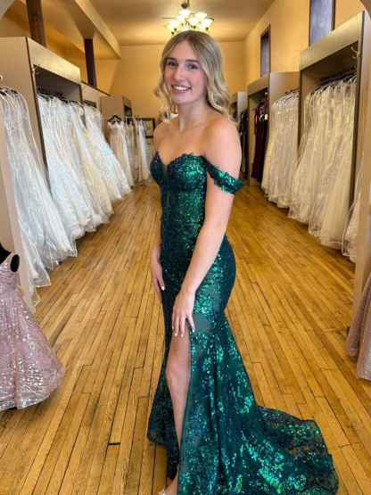 Emerald Green Off-the-Shoulder Sequin Prom Dress with High Slit