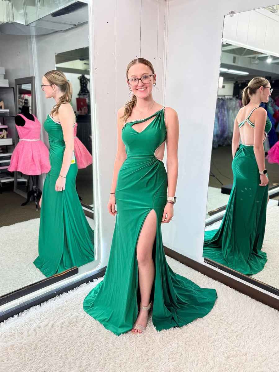 Emerald Green One-Shoulder Cutout Prom Dress with Rhinestone Trim