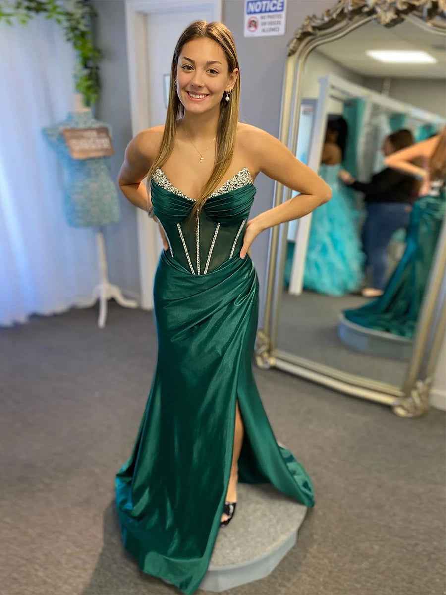 Emerald Green Strapless Crystal Beaded Corset Prom Dress with High Slit