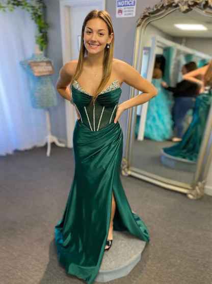 Emerald Green Strapless Crystal Beaded Corset Prom Dress with High Slit