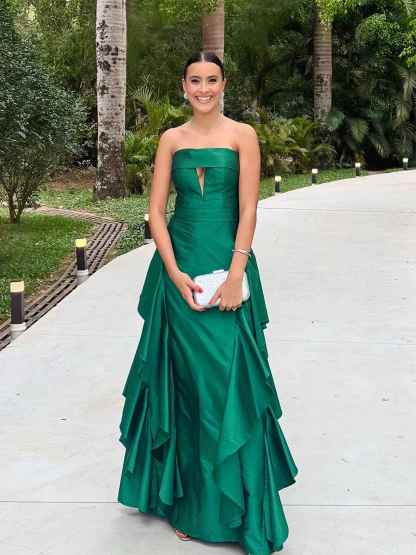 Emerald Green Strapless Tiered Ruffle Satin Prom Dress with Keyhole Cutout