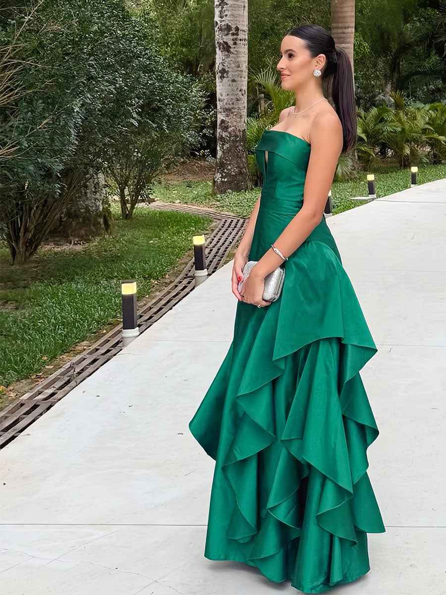 Emerald Green Strapless Tiered Ruffle Satin Prom Dress with Keyhole Cutout