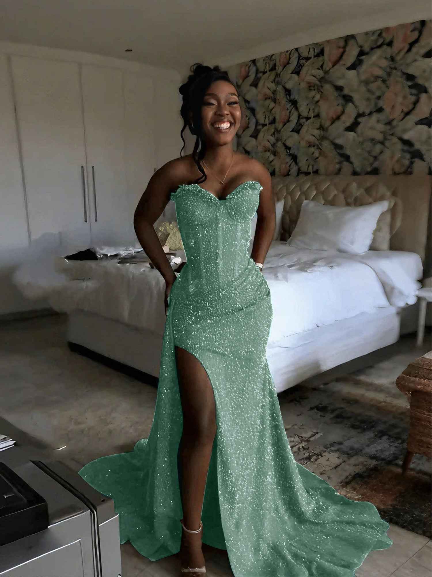 Glitter Strapless Mermaid Sequined Long Prom Dress with Slit - BMBRIDAL