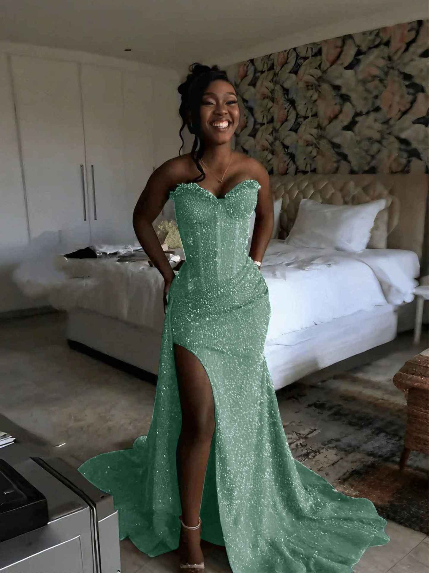 Glitter Strapless Mermaid Sequined Long Prom Dress with Slit