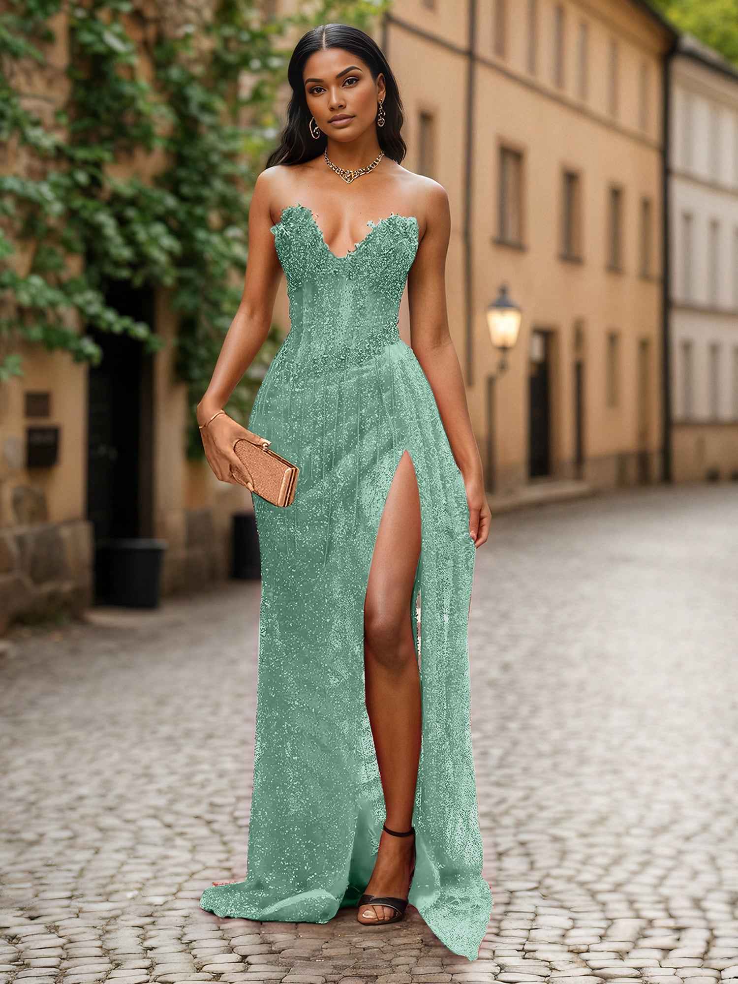 Red Strapless Beaded Fringe Waist Sequin Prom Dress with High Slit