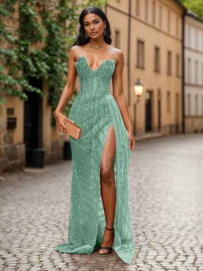 Red Strapless Beaded Fringe Waist Sequin Prom Dress with High Slit