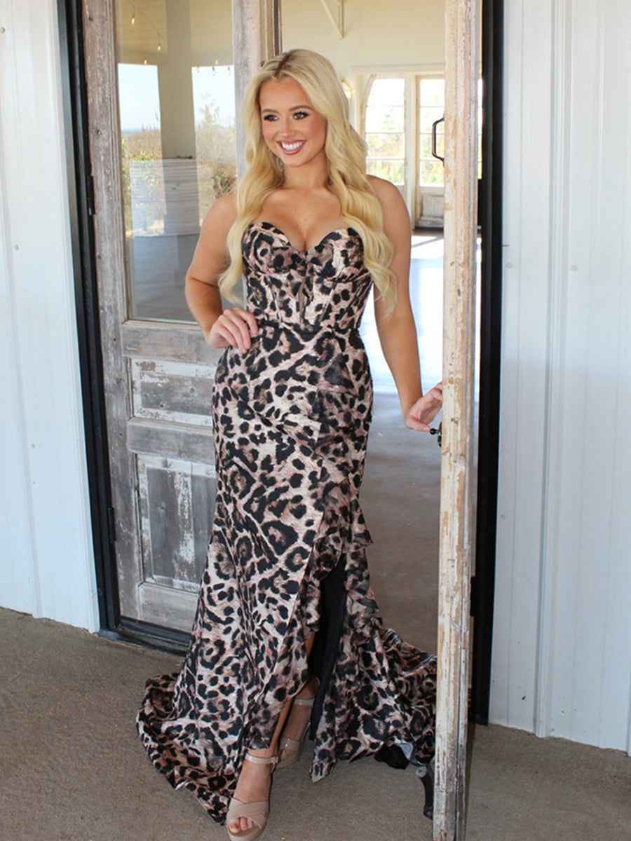 Fierce Leopard Print Ruffled Corset Prom Dress with Slit