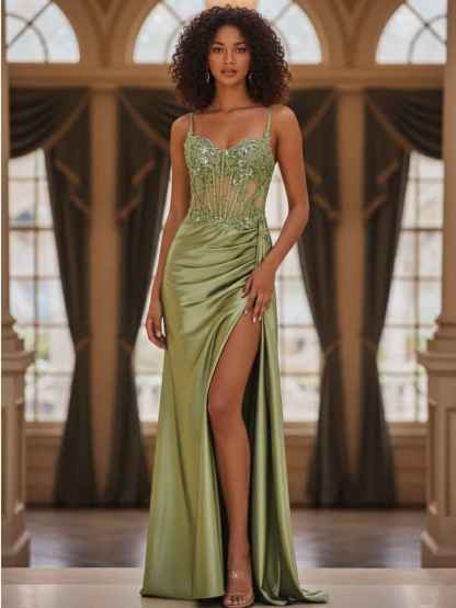Fitted Applique V Neck Silk like Satin Corset Prom Dress with Slit