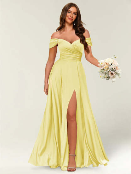 Floor-Length Off-the-Shoulder Long Formal Dresses with Split Side & Ruched