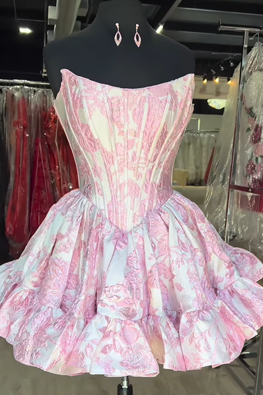 Floral Purple A Line Strapless Jacquard Short Corset Homecoming Dress with Ruffles