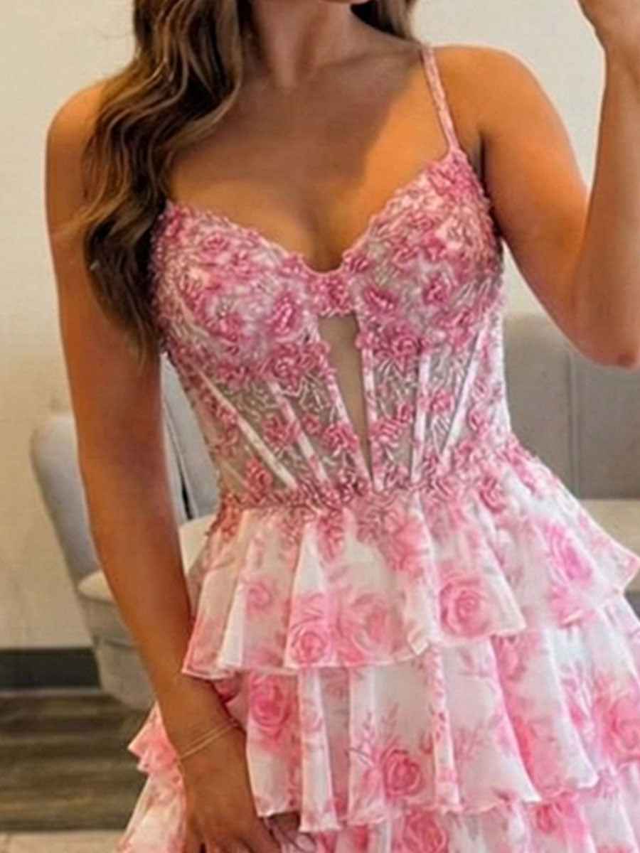 Floral Tiered Ruffle Beaded Corset Prom Dress with Slit
