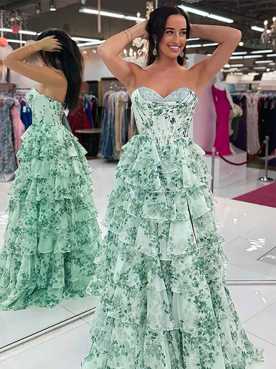 Floral Sweetheart Ruffled A-Line Long Prom Dress with Slit