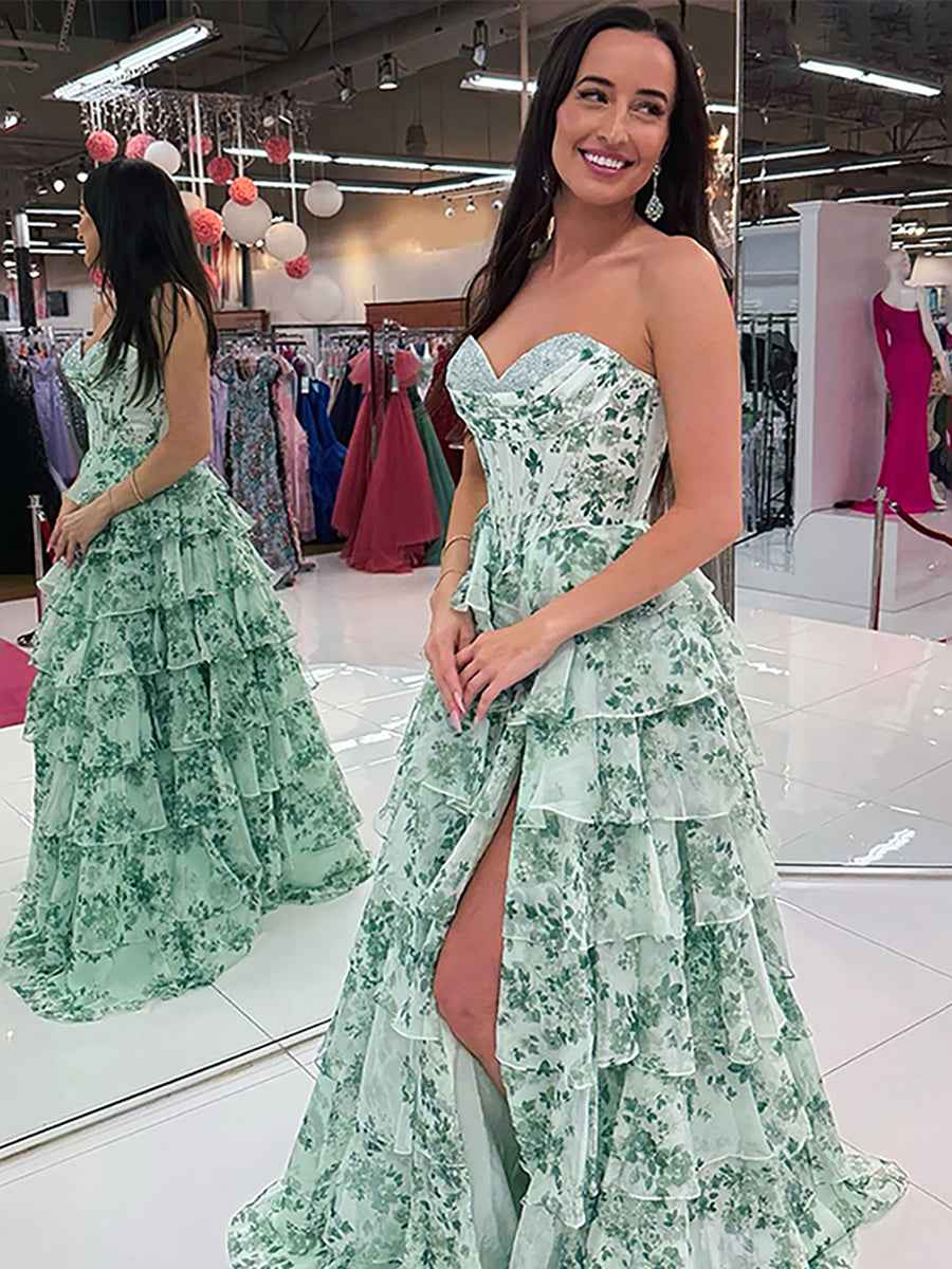Floral Sweetheart Ruffled A-Line Long Prom Dress with Slit