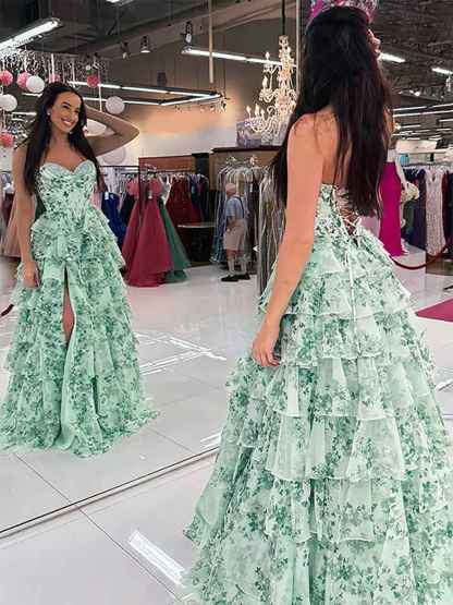 Floral Sweetheart Ruffled A-Line Long Prom Dress with Slit
