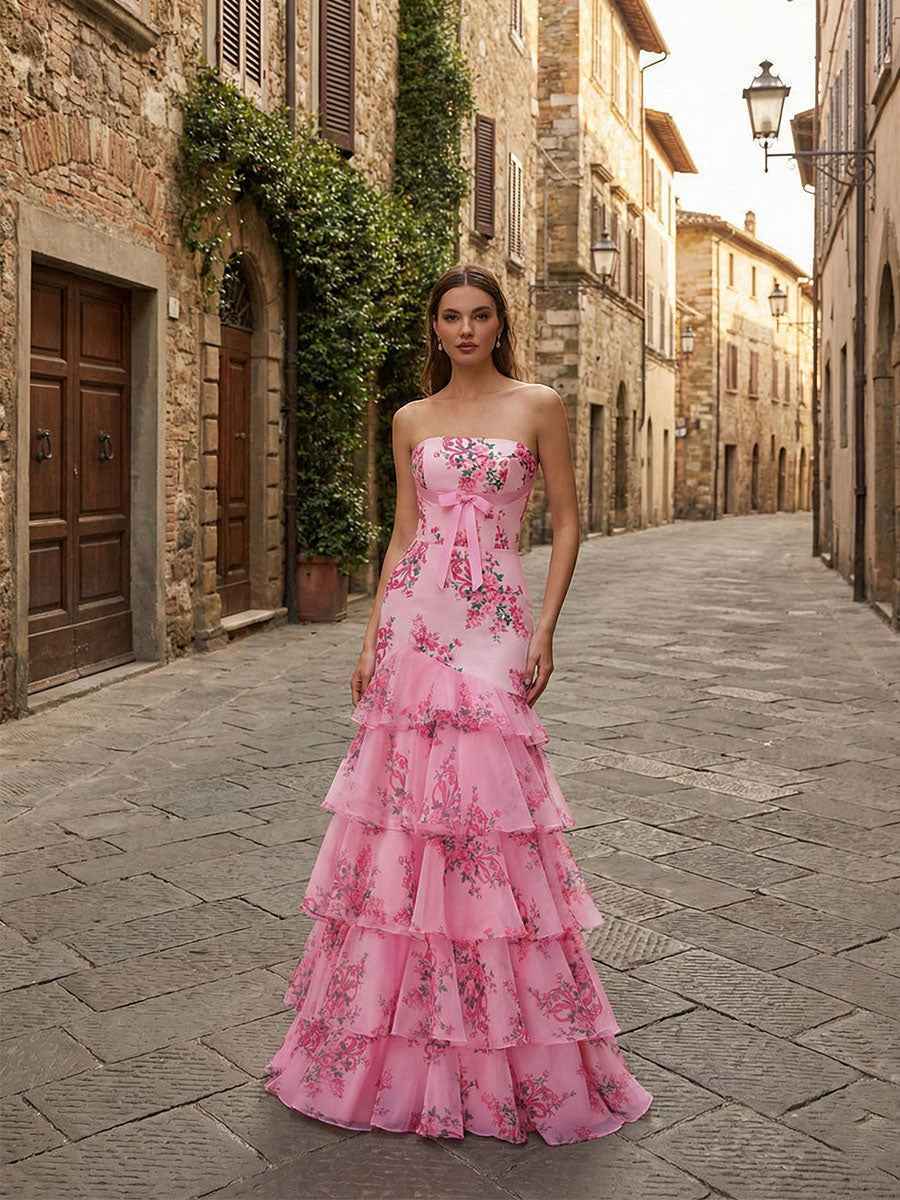 Flower Mermaid Strapless Tiered Print Long Prom Dress with Ruffles