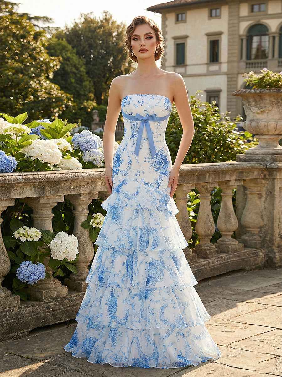 Flower Mermaid Strapless Tiered Print Long Prom Dress with Ruffles