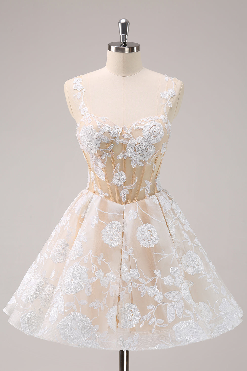 White Spaghetti Straps A-Line Short Corset Homecoming Dress with Appliques