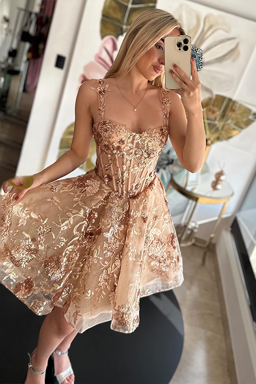 Flroal Gold A Line Spaghetti Straps Short Corset Homecoming Dress with Appliques