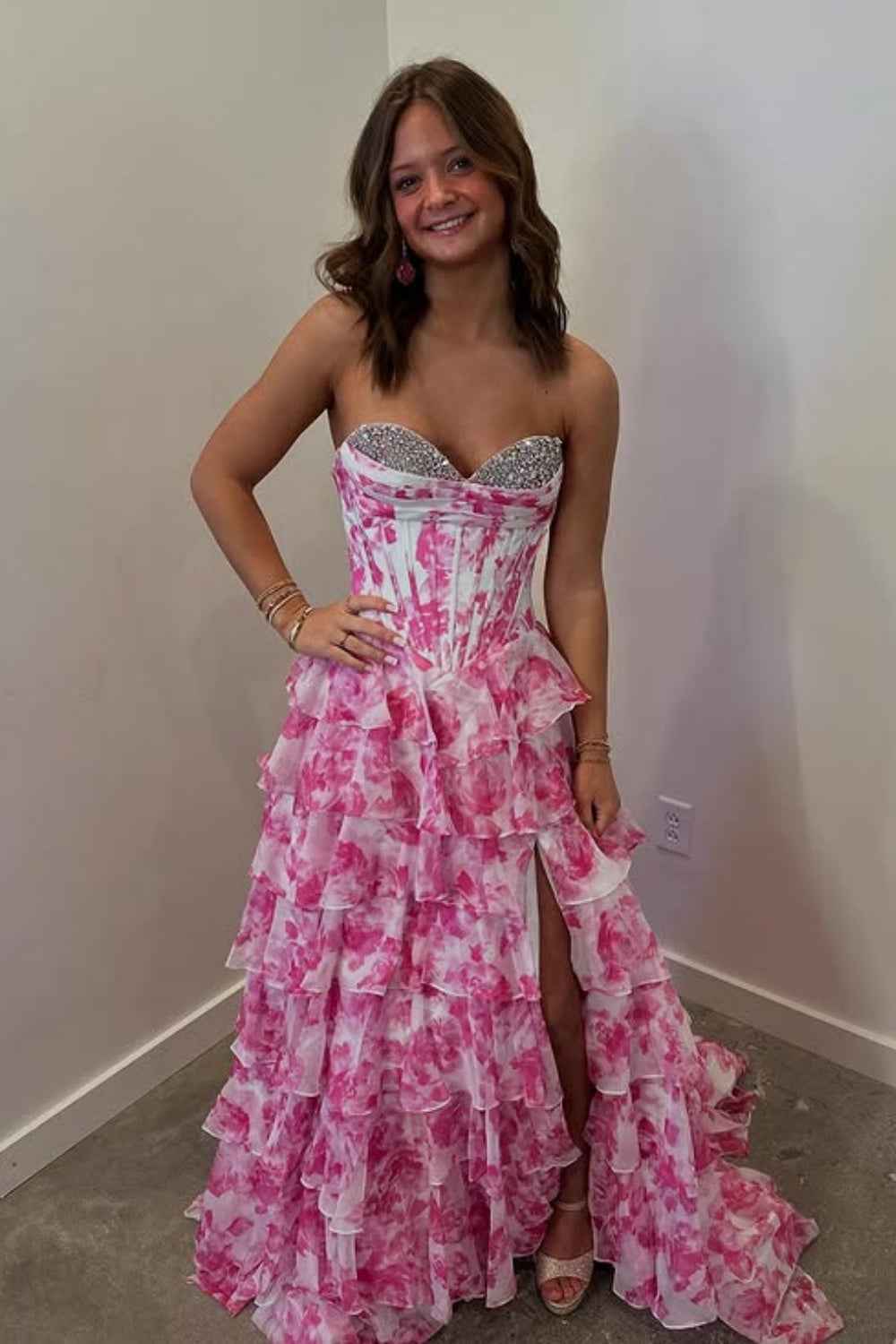 Sparkly Fuchsia Floral Sweetheart Tiered Corset Long Prom Dress with Slit