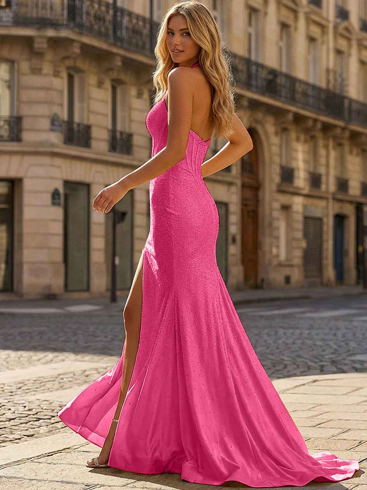 Yellow Beaded Halter Corset Prom Dress with High Slit