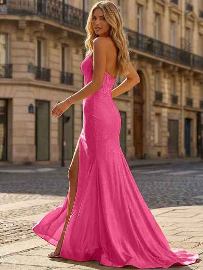 Yellow Beaded Halter Corset Prom Dress with High Slit