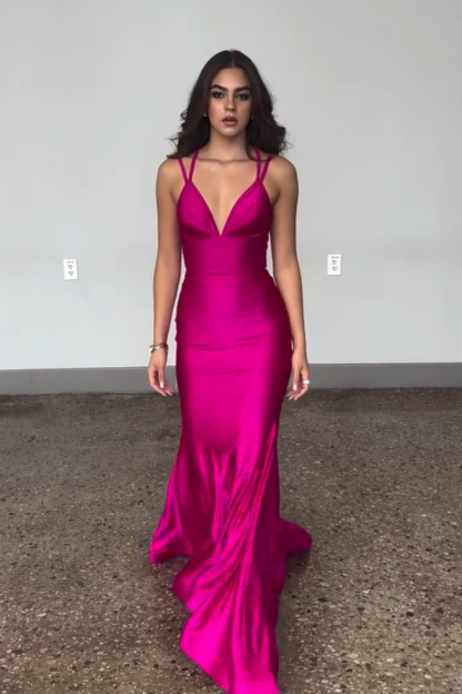 Elegant Blue Satin Spaghetti Straps Backless Deep V-Neck Long Mermaid Prom Dress