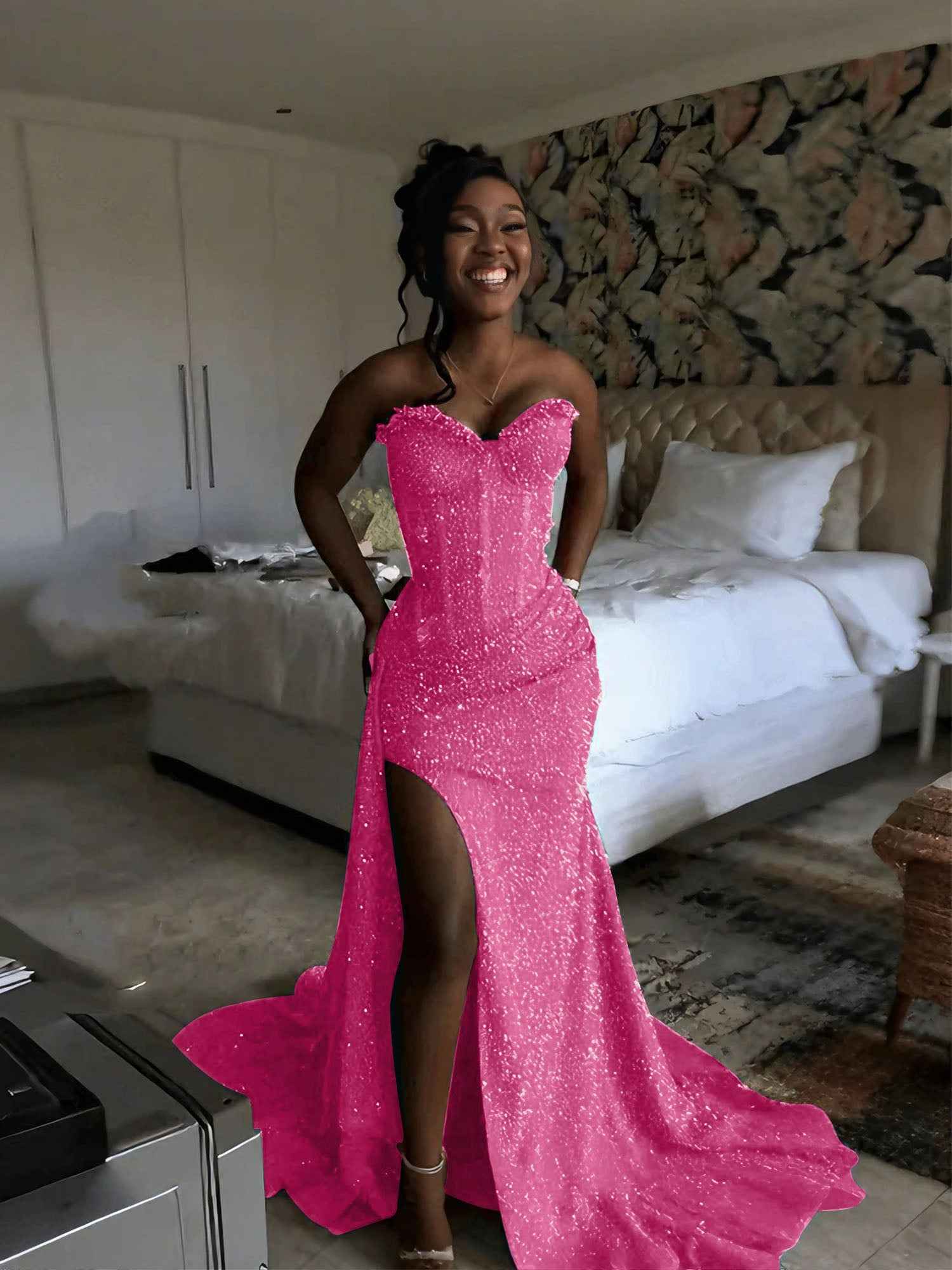 Glitter Strapless Mermaid Sequined Long Prom Dress with Slit