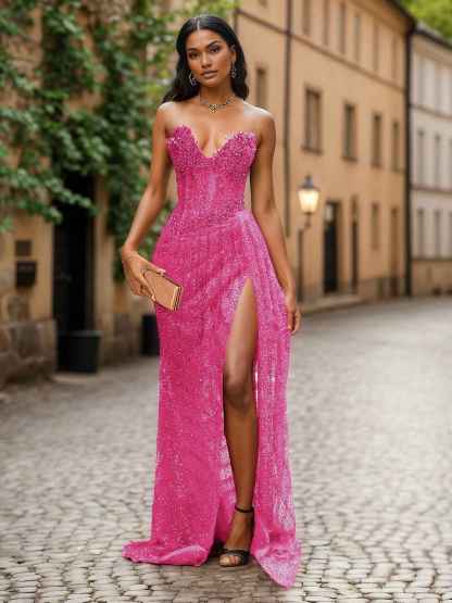 Red Strapless Beaded Fringe Waist Sequin Prom Dress with High Slit