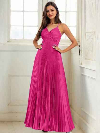Fuchsia A Line Spaghetti Straps Pleated Long Prom Dress