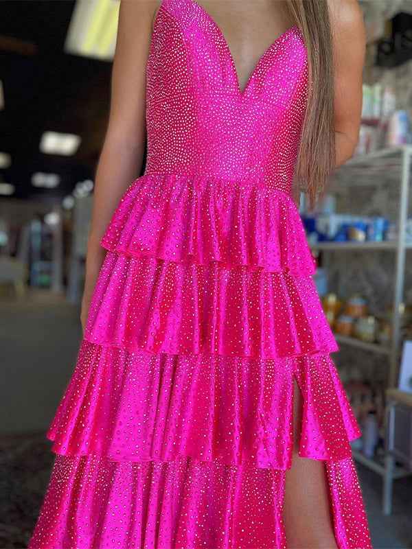 Glitter Fuchsia A-Line Spaghetti Ruffled Long Prom Dress with Slit