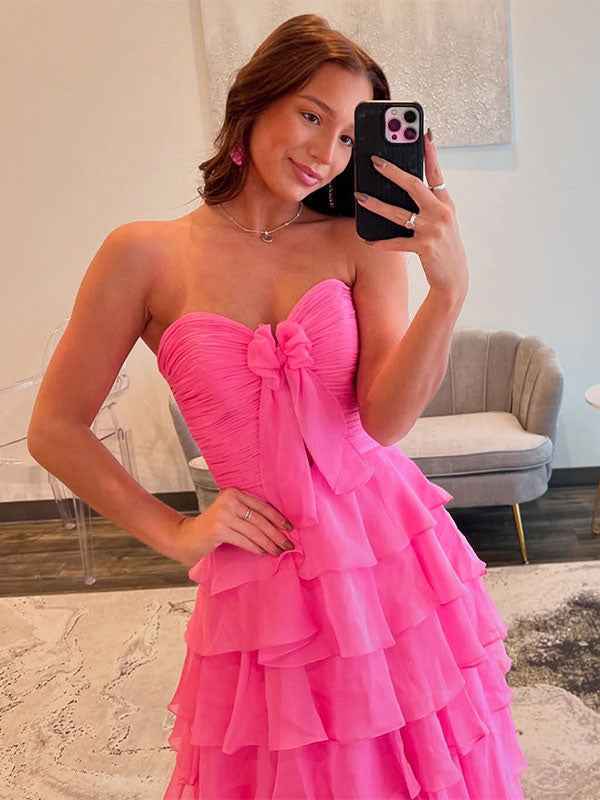 Fuchsia A-Line Sweetheart Chiffon Tiered Long Prom Dress with Slit