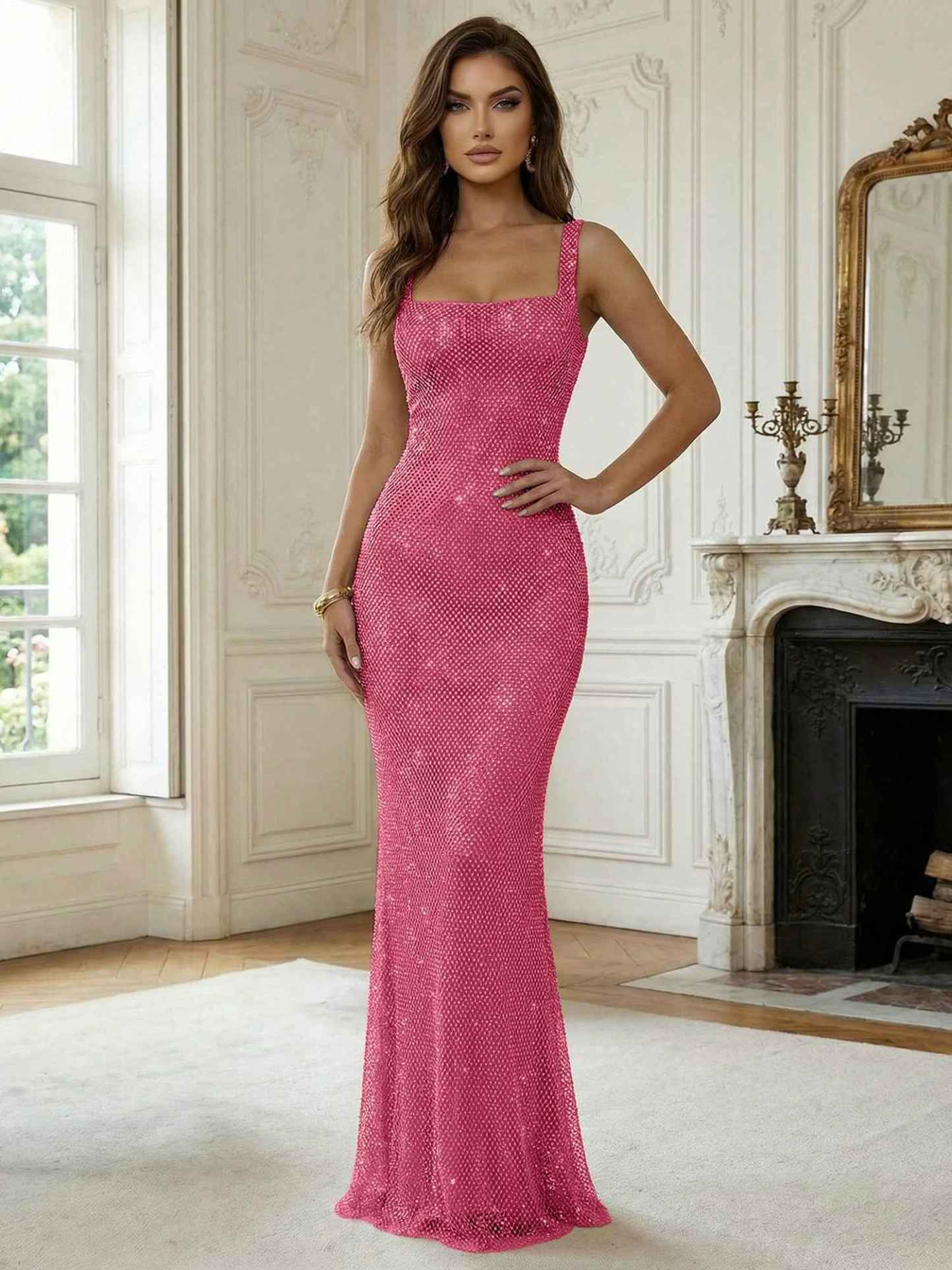 Crystal-Embellished Mermaid Long Prom Dress with Square Neckline
