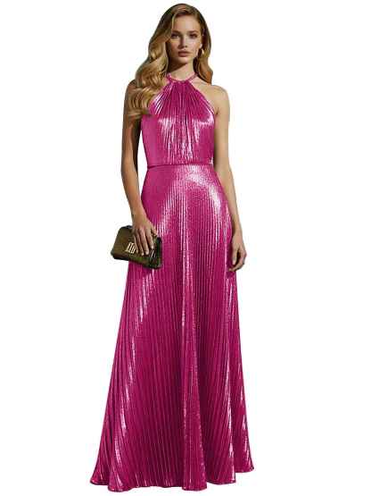 Luxurious Champagne-Gold Pleated Halter Long Prom Dress