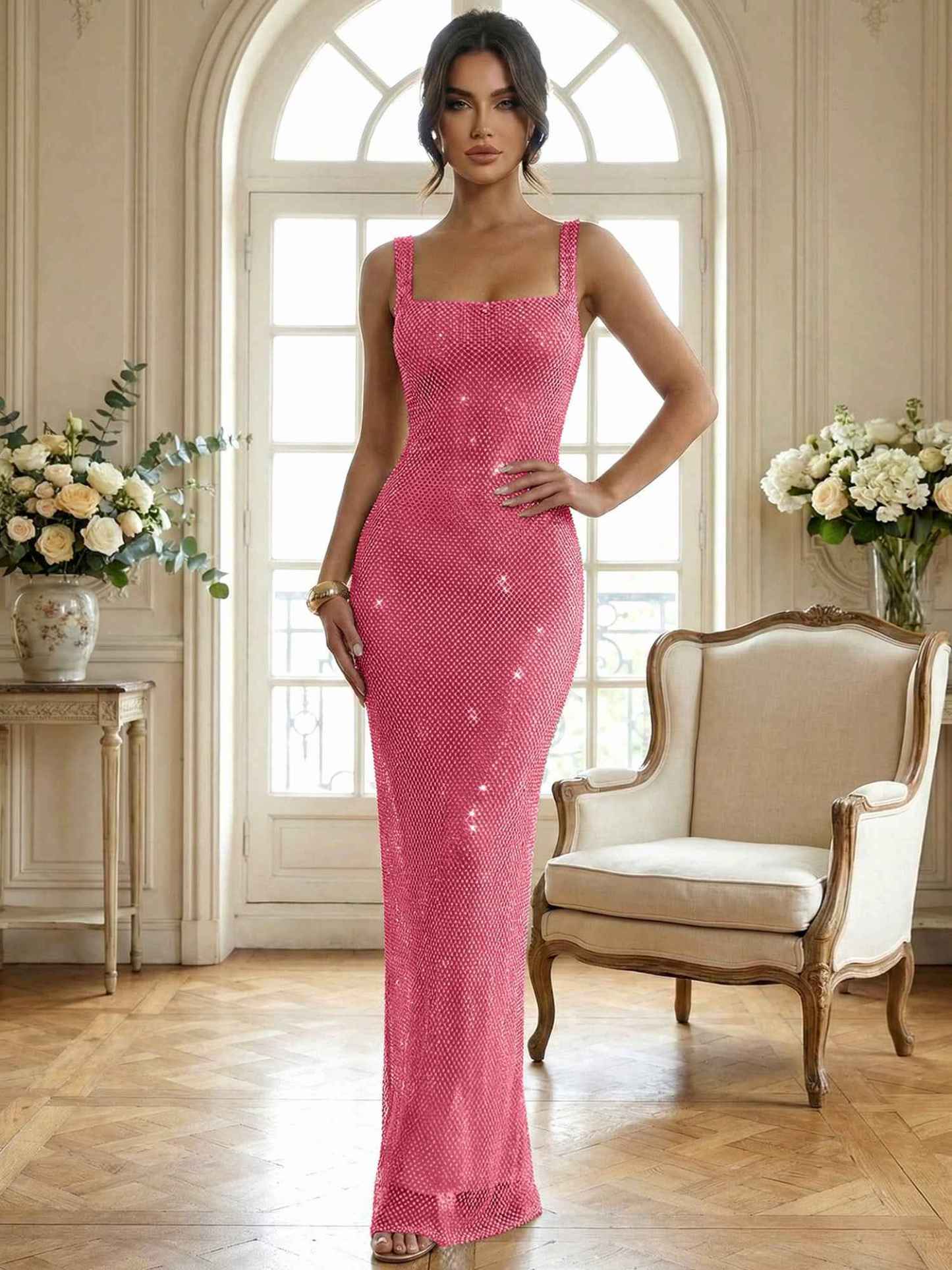 Sparkly Champagne Crystal Mesh Square Neck Long Prom Dress