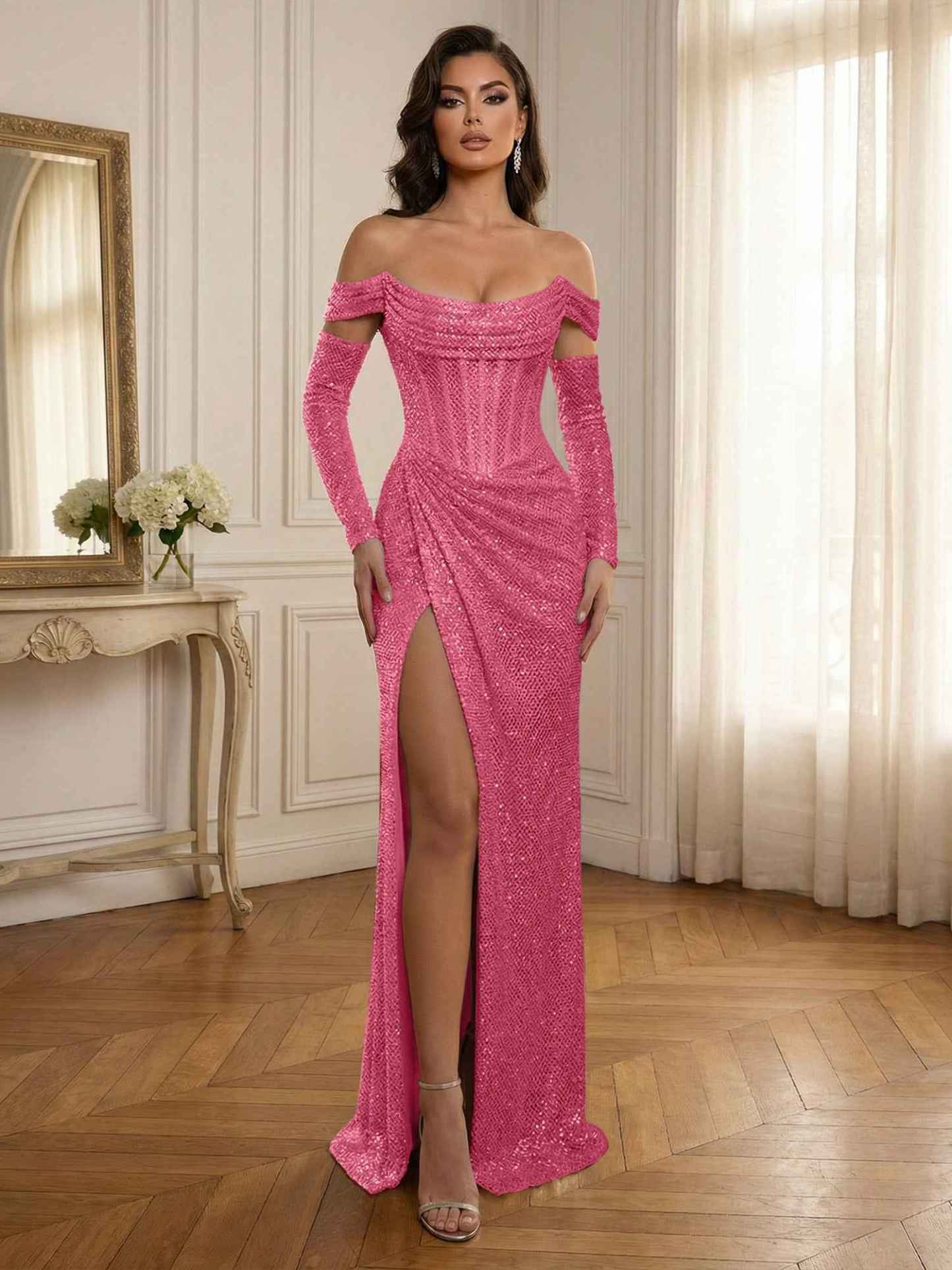 Silver Sequin Off-the-Shoulder Long Sleeves Corset Prom Dress with Slit