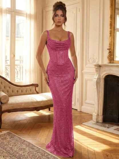 Sparkly Blue Shimmer Cowl Neck Corset Prom Dress