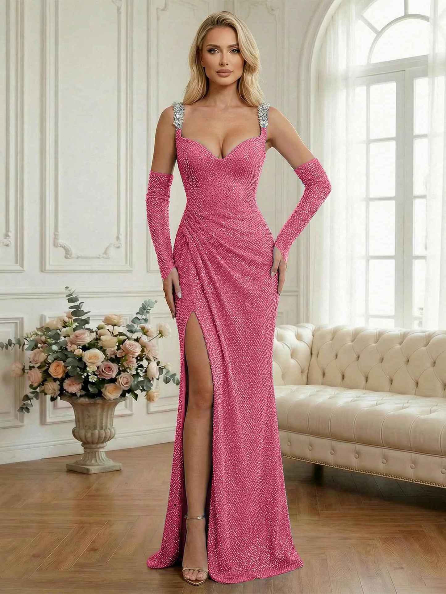 Light Blue Sequin Mermaid Matching Opera Gloves Long Prom Dress with Slit