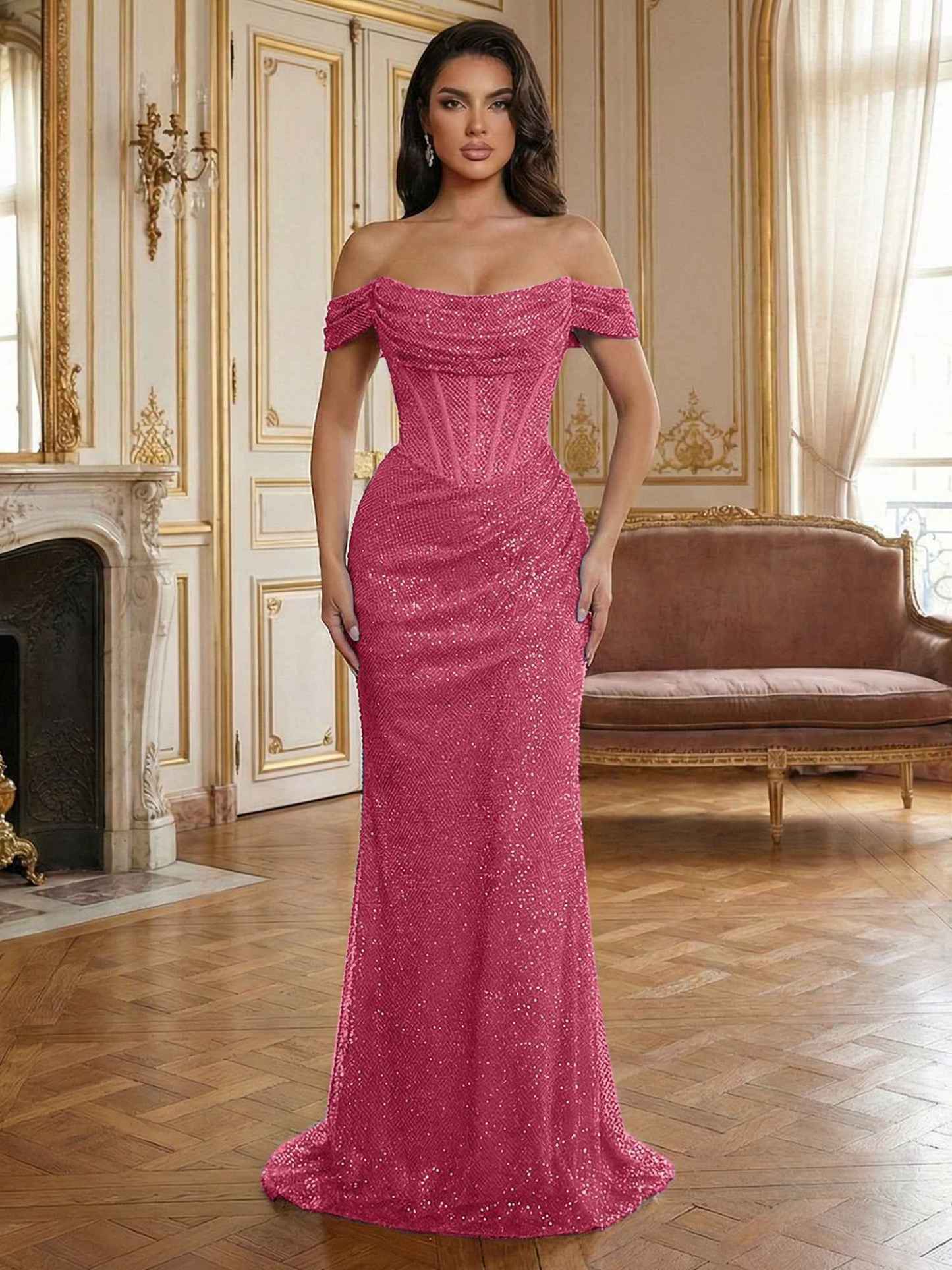 Red Off-The-Shoulder Sequined Corset Mermaid Long Prom Dress