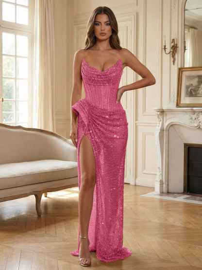 Champagne Gold Crystal-Embellished Corset Long Prom Dress with Slit