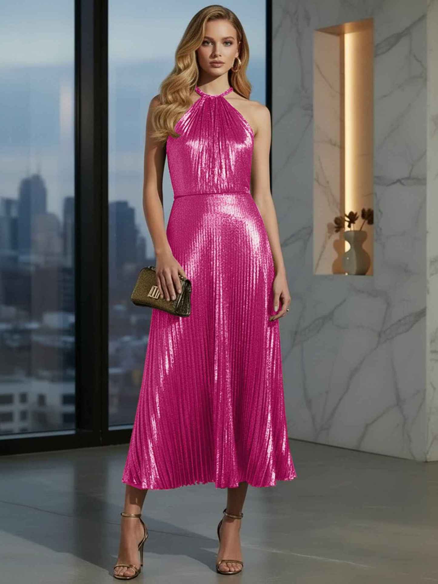 Luxurious Champagne-Gold Pleated Halter Midi Prom Dress