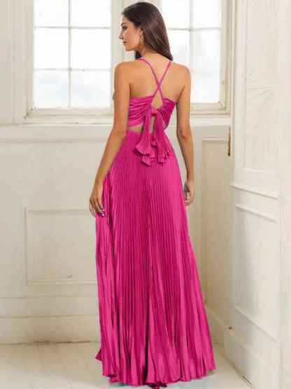 Fuchsia A Line Spaghetti Straps Pleated Long Prom Dress