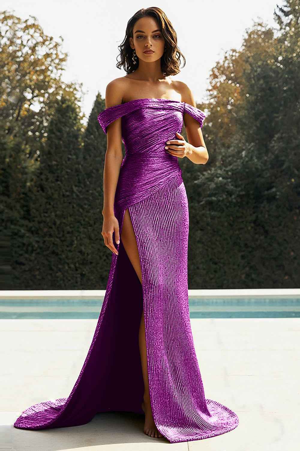 Sparkly Golden Mermaid One Shoulder Pleated Long Prom Dress with Slit