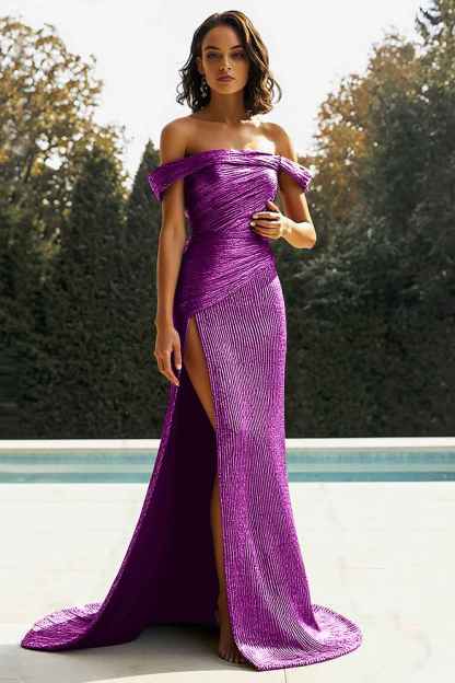 Sparkly Golden Mermaid One Shoulder Pleated Long Prom Dress with Slit