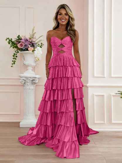 A Line Strapless Sweetheart Satin Prom Dress with Keyhole